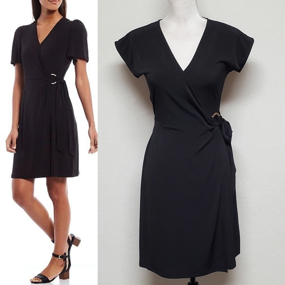 Michael Kors Black Jersey Knit Gold Ring Faux Wrap Surplice Neckline Mini Dress